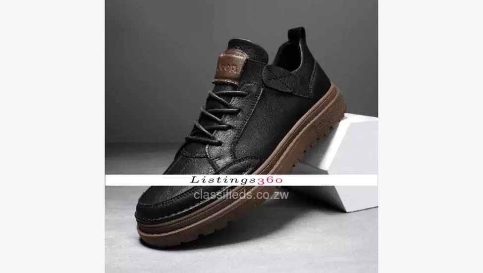 Jeep Mens Trendy All-match Casual Black Leather Shoes.